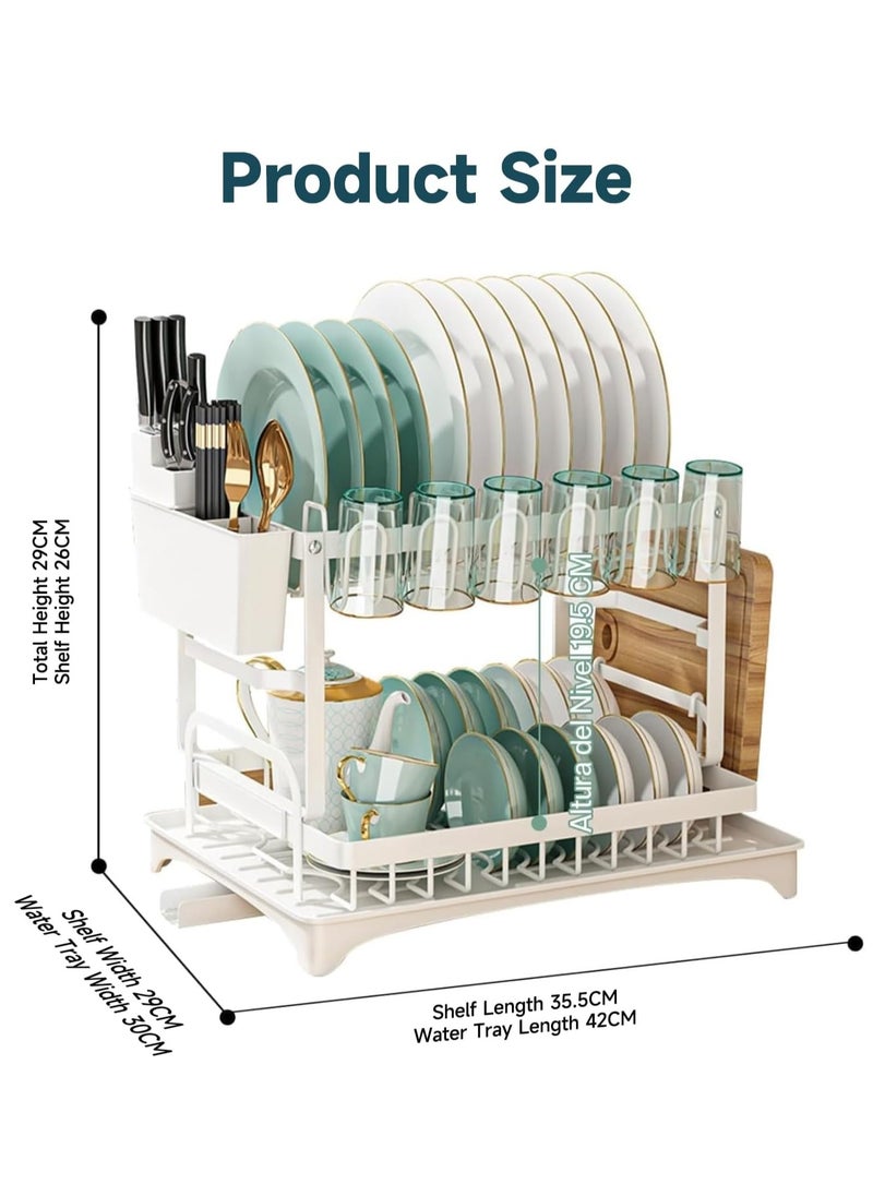 MileMelo - 2 Tier Foldable Dish Drying Rack with Utensil Holder & Cutting Board Holder & Drainboard Tray, Rotatable Drainage System Scratch Resistant Frosted Baking Process Coatings, Large White - Image 1