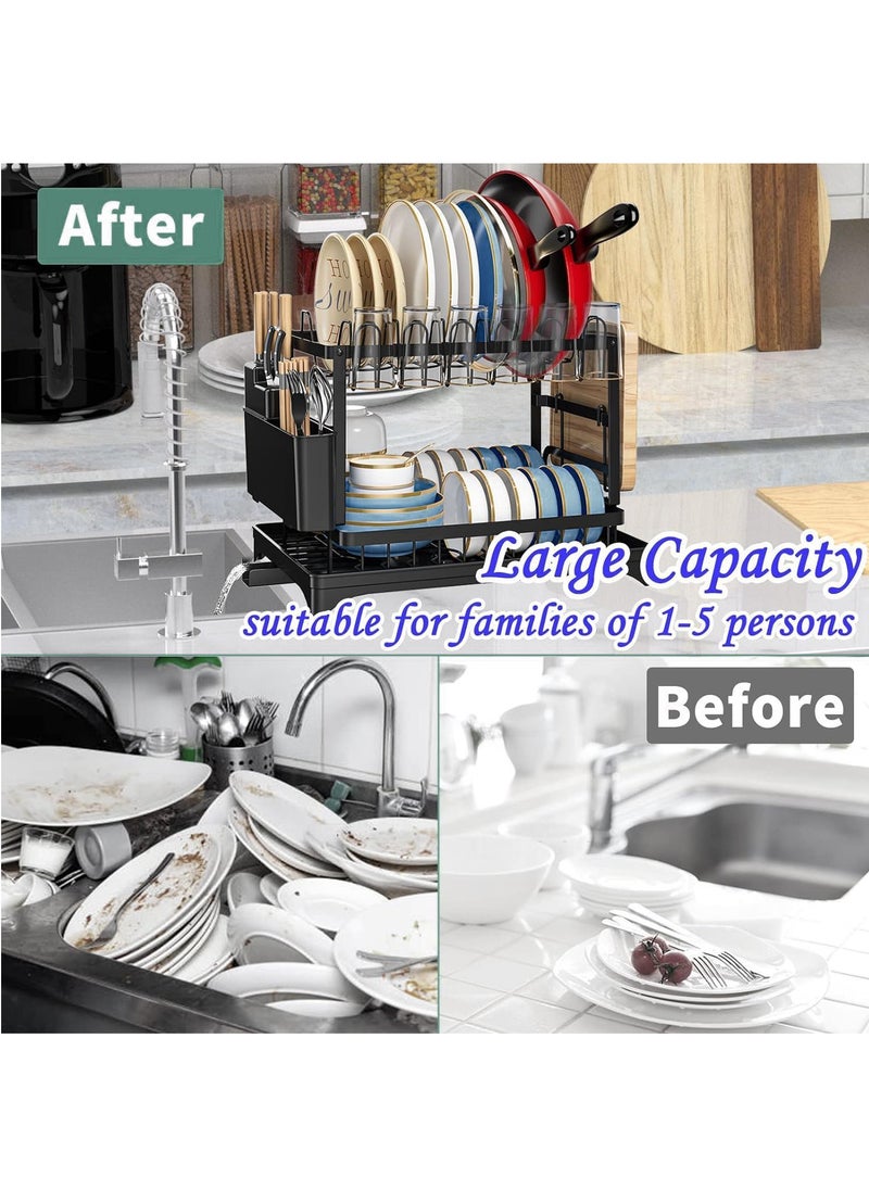 MileMelo - 2 Tier Foldable Dish Drying Rack with Utensil Holder & Cutting Board Holder & Drainboard Tray, Rotatable Drainage System Scratch Resistant Frosted Baking Process Coatings, Large White - Image 1