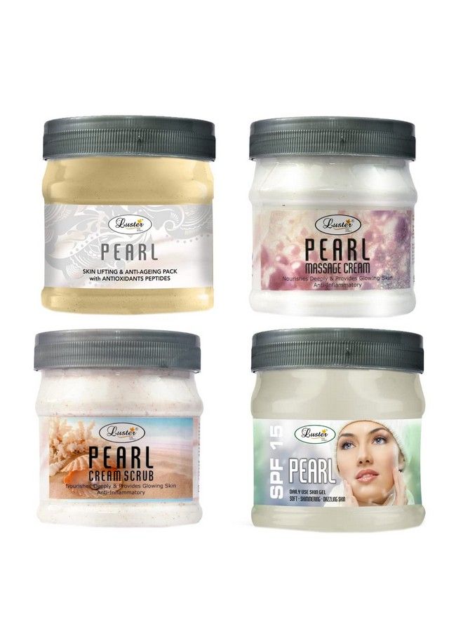 LUSTER طقم الوجه باللؤلؤ؛ يساعد على التغذية العميقة؛ مقشر الوجه باللؤلؤ؛ كريم تدليك باللؤلؤ؛ جل تدليك باللؤلؤ؛ قناع وجه باللؤلؤ؛ طقم الوجه باللؤلؤ للنساء والرجال؛ خالي من البارابين 500 مل (عبوة من 4). - Image 1