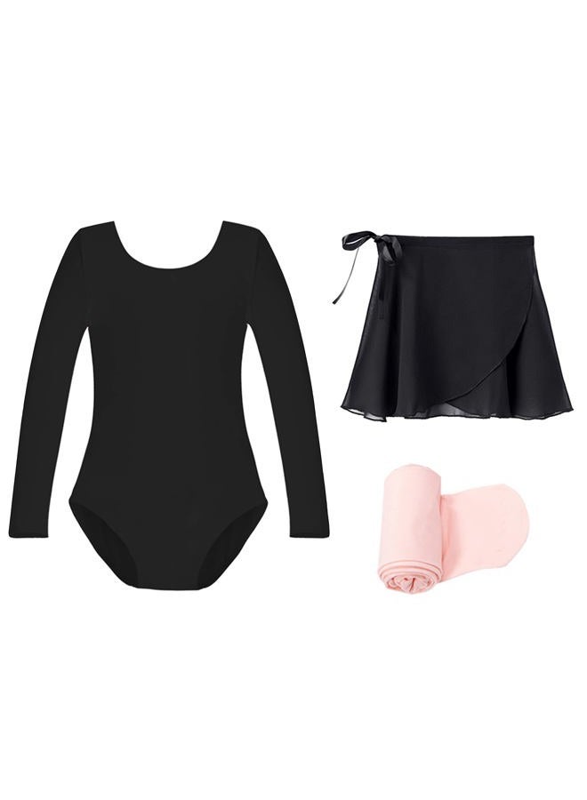 Stelle Ballet Leotards for Girls Long Sleeve Dance Dress Outfit Combo with Skirt and Tights (Toddler/Little Kid/Big Kid), 2-black (Long Sleeve), 8 years - Image 1