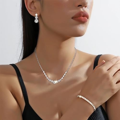 Jstyle Silver Plated Bridal Jewelry Set for Wedding Prom Simple Crystal Rhinestone Pendant Necklace and Earrings Sets for Bride Bridesmaids - Image 3