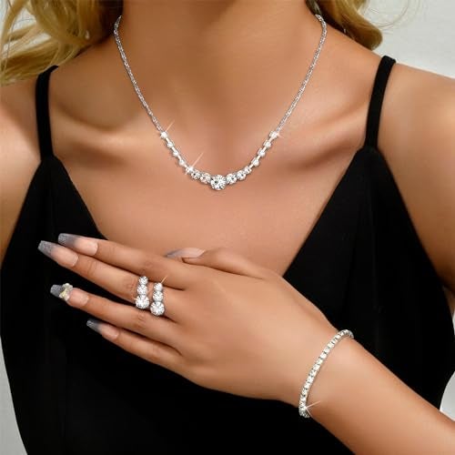 Jstyle Silver Plated Bridal Jewelry Set for Wedding Prom Simple Crystal Rhinestone Pendant Necklace and Earrings Sets for Bride Bridesmaids - Image 2