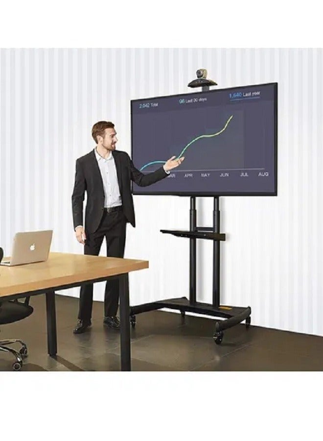 عربة تلفاز متحركة مع عجلات قابلة للقفل لشاشات تلفاز بلازما LCD LED مسطحة أو منحنية من 55 إلى 80 بوصة حتى 100 رطل - قابلة لتعديل الارتفاع (55-80 بوصة) باللون الأسود - Image 5
