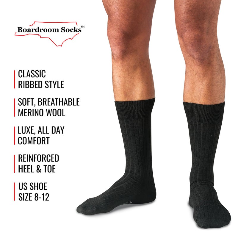 BoardroomSocks Merino Wool Mid-Calf Dress Socks for Men, Ribbed Dress Socks, 3 Pairs of Black - Image 5