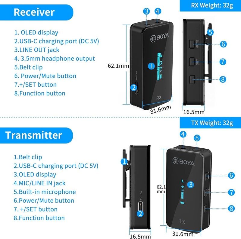 BOYA BY-XM6-S1 2.4GHz Dual Channel Ultra-Compact Wireless Microphone System with OLED Display Real-time Monitoring Rechargable for Vlogging Live Streaming Interview for DSLR Camera Smartphone PC - Image 3