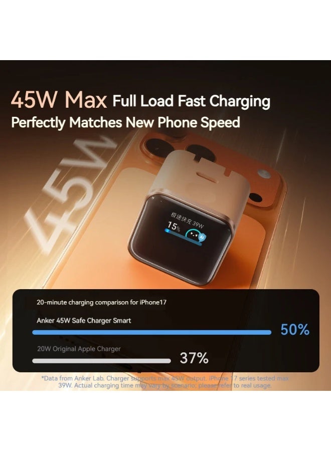 أنكر شاحن عرض ذكي من أنكر، شاحن USB C بقوة 45 واط من أنكر نانو، قابس قابل للطي بزاوية 180°، تعرف ذكي، وضع رعاية مدمج، لجهاز iPhone17/16/15 (بدون بطارية، منفذ USB-C واحد، بدون كابل) (نسخة صينية) - Image 5