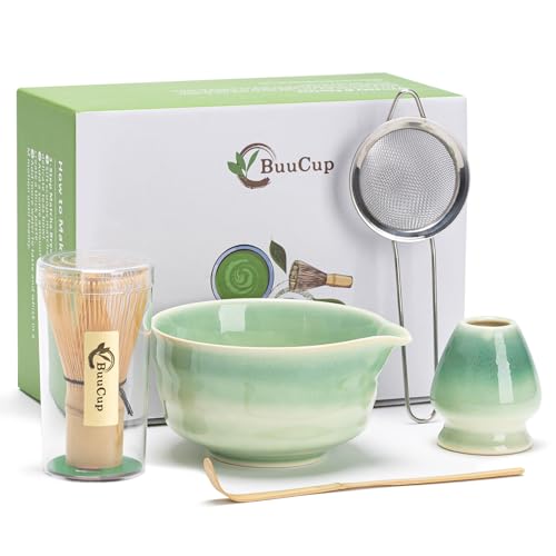 Buucup Japanese Matcha Set, Matcha Bowl with Spout, Matcha Whisk and Holder, Bamboo Matcha Scoop and Stainless Steel Sifter - 5 Pcs Gradient Green Matcha Kit for Matcha Lover - Image 1