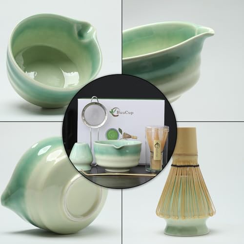Buucup Japanese Matcha Set, Matcha Bowl with Spout, Matcha Whisk and Holder, Bamboo Matcha Scoop and Stainless Steel Sifter - 5 Pcs Gradient Green Matcha Kit for Matcha Lover - Image 2