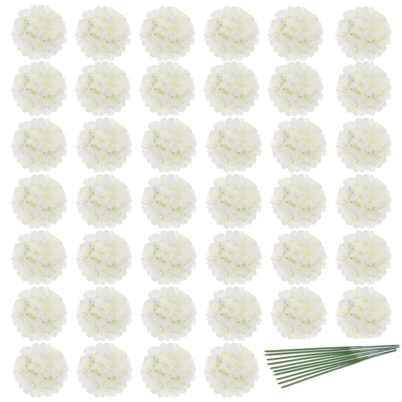 JPSOR 40pcs Artificial Hydrangea Silk Flower Heads with Stems, Fake Flowers for Mothers Day Wedding Centerpiece Home Garden Party Decoration (White) - Image 1