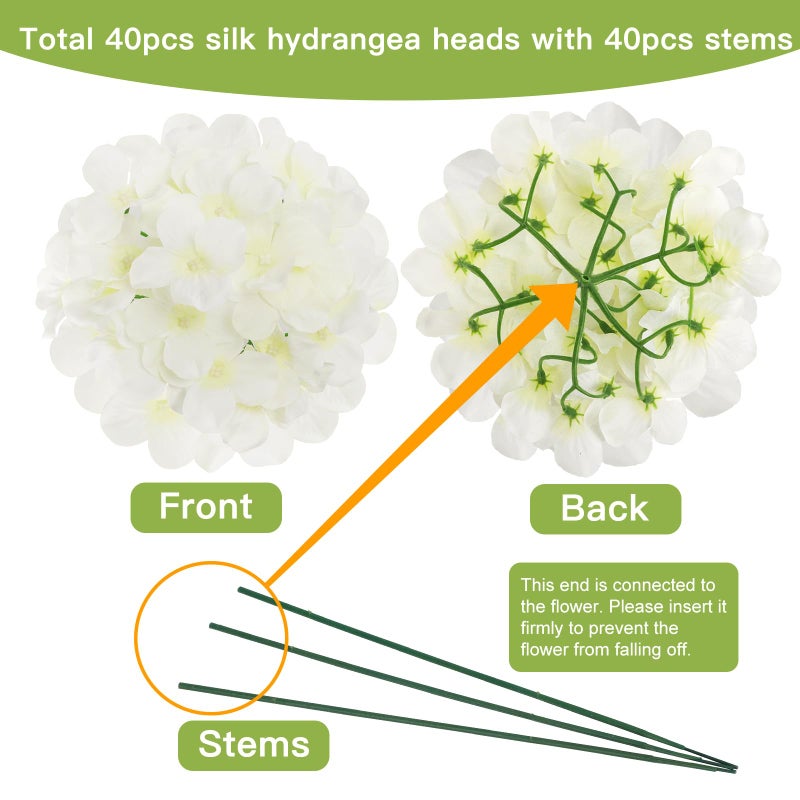 JPSOR 40pcs Artificial Hydrangea Silk Flower Heads with Stems, Fake Flowers for Mothers Day Wedding Centerpiece Home Garden Party Decoration (White) - Image 2