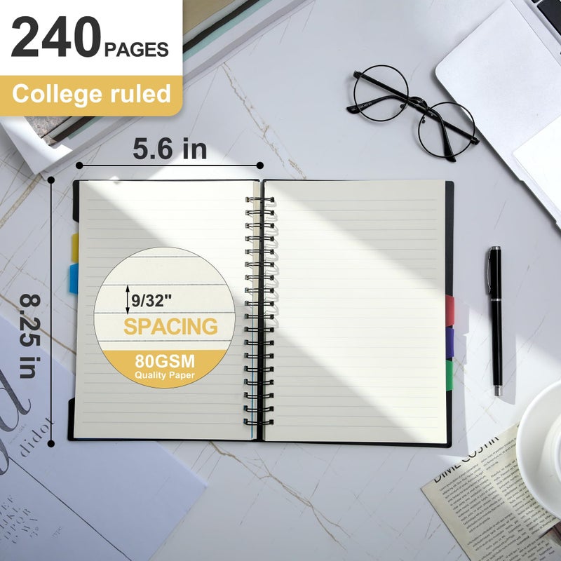CAGIE 5 Subject Notebook for Work 240 Pages Spiral Notebooks College Ruled with Dividers Tabs A5 Small Note Book for School Office Supplies Note Taking, 5x7, Black - Image 4