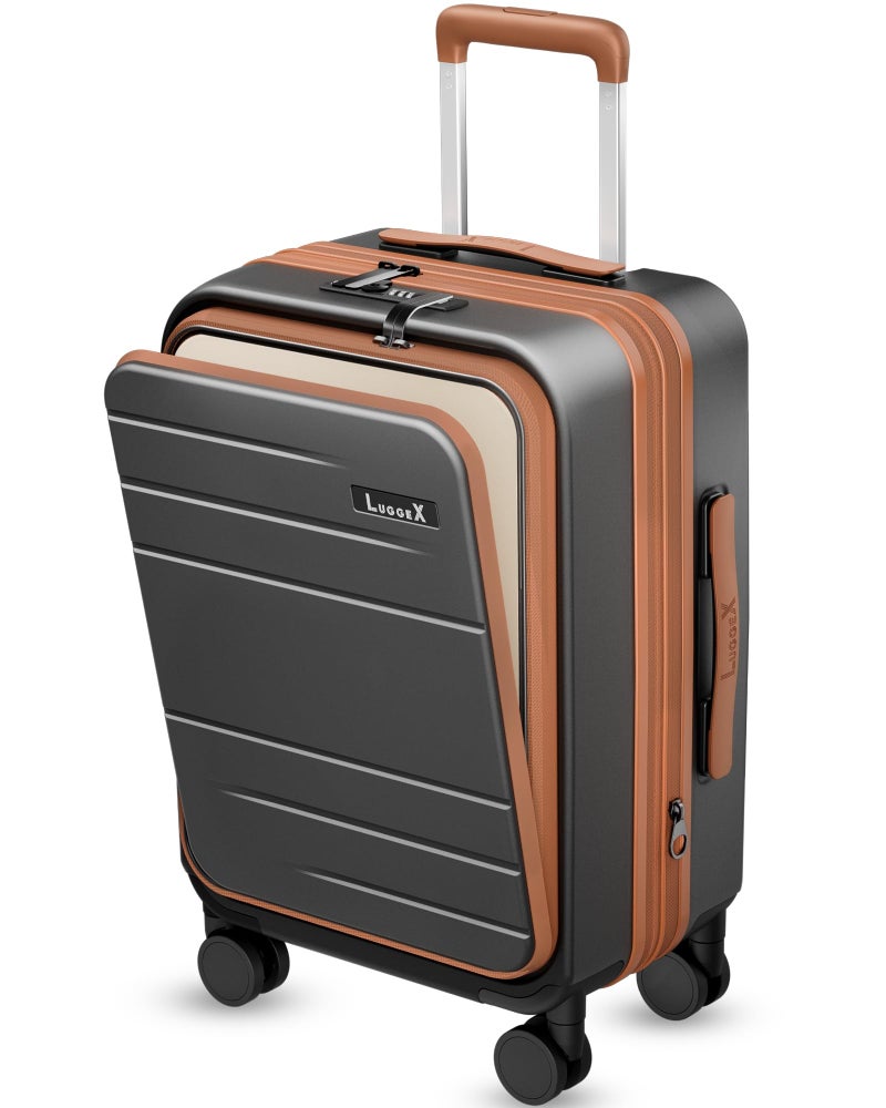 LUGGEX Carry On Luggage 22x14x9 Airline Approved, FLO5 Expandable Polycarbonate Suitcase with Front Pocket (FX-Core, Brown-Black, 20 Inch) - Image 1
