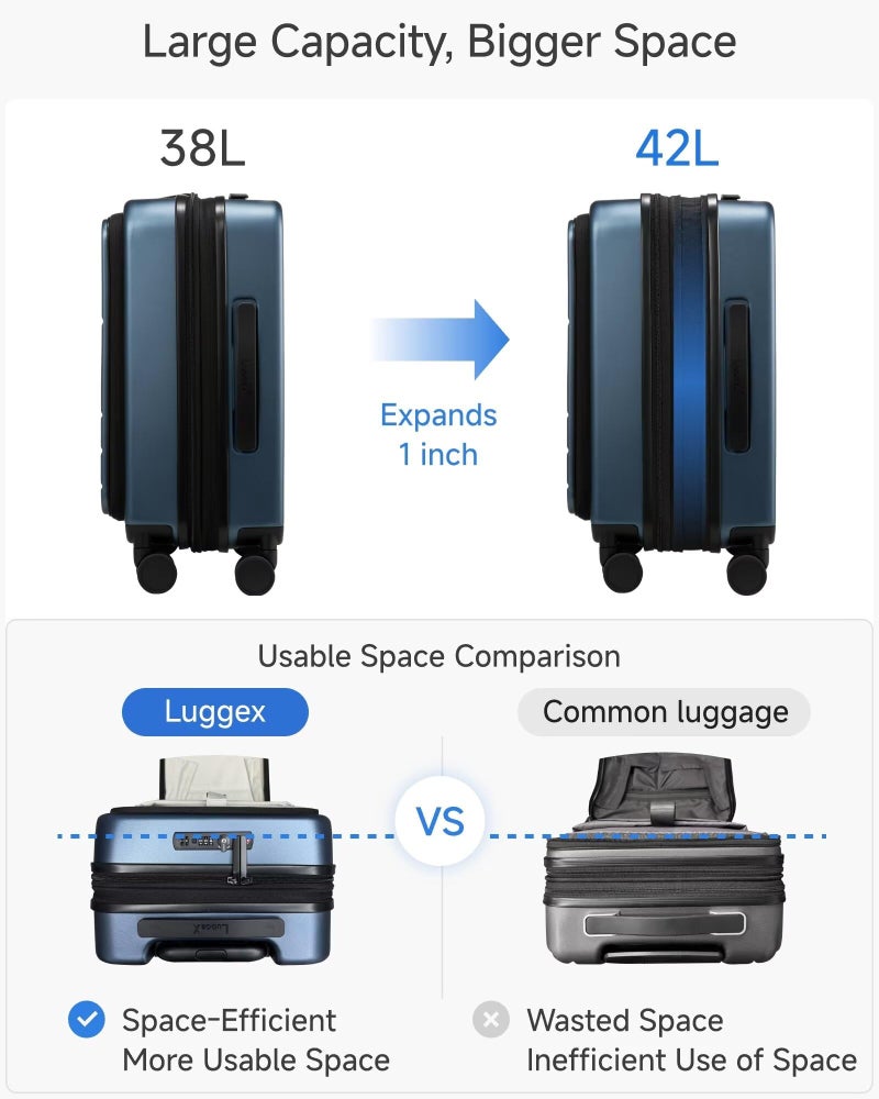 LUGGEX Carry On Luggage 22x14x9 Airline Approved, FLO5 Expandable Polycarbonate Suitcase with Front Pocket (FX-Core, Brown-Black, 20 Inch) - Image 4