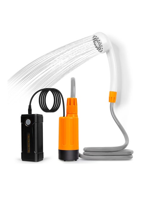 دش خارجي محمول، مضخة دش كهربائية خارجية قابلة لإعادة الشحن، إضاءة LED، شحن USB، بطارية قابلة للفصل، تضخ المياه من الدلو إلى تيار دش مستقر ولطيف