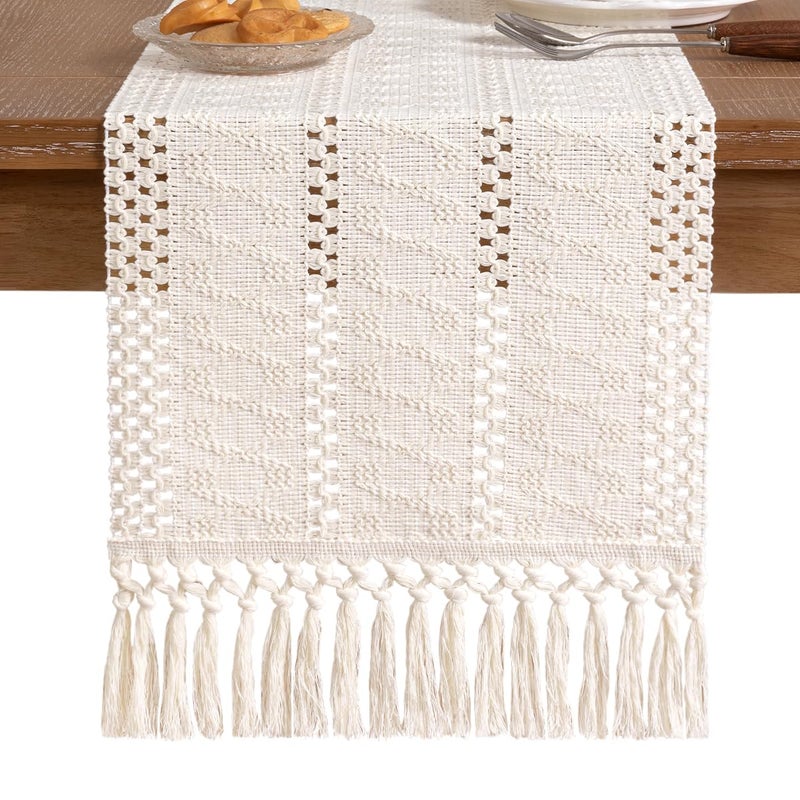 Socomi Boho Table Runner Macrame Easter Spring Farmhouse Woven Cotton Linen Rustic Coffee Table Runner with Tassels for Dresser Scarf Home Decor Dining Room 12x90 inch Cream Ivory - Image 3