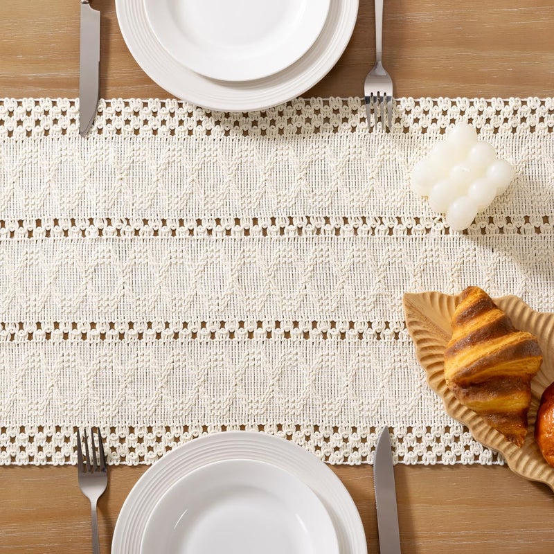 Socomi Boho Table Runner Macrame Easter Spring Farmhouse Woven Cotton Linen Rustic Coffee Table Runner with Tassels for Dresser Scarf Home Decor Dining Room 12x90 inch Cream Ivory - Image 5