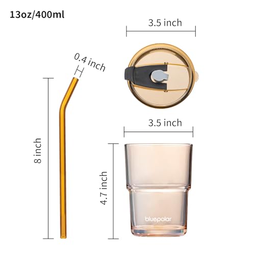 BLUEPOLAR 13oz/400ml كوب ماء زجاجي مع قشة وغطاء محكم للحمل مع جدار سميك لكوب القهوة المثلجة، كوب زجاجي للماء، شاي مثلج، عصير الفاكهة، إلخ (عنبر) - Image 4