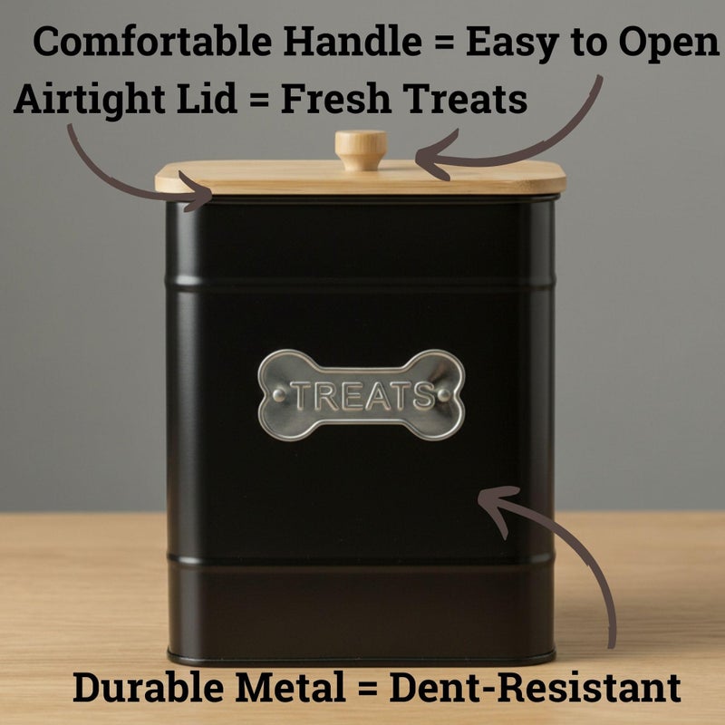 HB Design Co. Dog Treat Container Airtight - 6 Inch Wide x 8 Inch Tall Iron Dog Treat Jar for Kitchen Counter with Airtight Bamboo Lid - 12 Cup Capacity Pet Treat Container - Doggie Cookie Jar - Big Treats Canister - Image 2