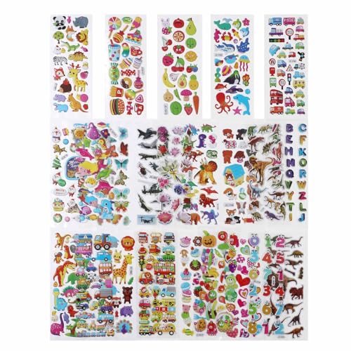 FNGEEN 24 Sheets 3D Puffy Stickers for Kids Toddlers Bulk Small Children Party Bag Sticker Variety Pack for Preschool Teacher Boy Girl Rewards Crafts Scrapbooking Gifts Dinosaur Animal Car Flower Heart - Image 1