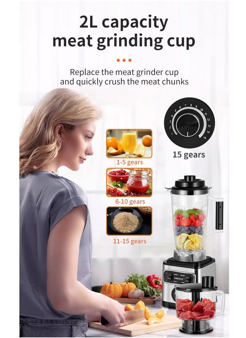 sokany 3-in-1 15 Speeds Electric Juicer & Coffee Grinder & Meat Blender Chopper Set, 0.8L+2L+3L, SK-3333 Black  - Image 3