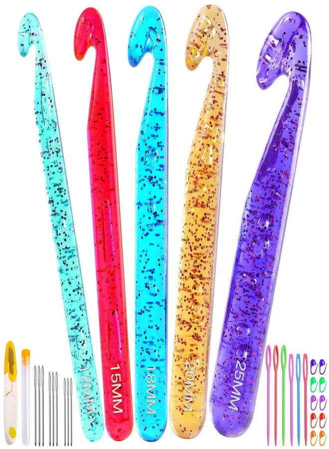 Qmnnma Large Crochet Hooks, 5 Large Crochet Set, 12mm-25mm Crochet Hooks, Huge Crochet Hooks, Colorful Transparent Crystal Large Crochet Hook for Crocheting Yarn, Chunky Yarn, DIY Crafts - Image 1