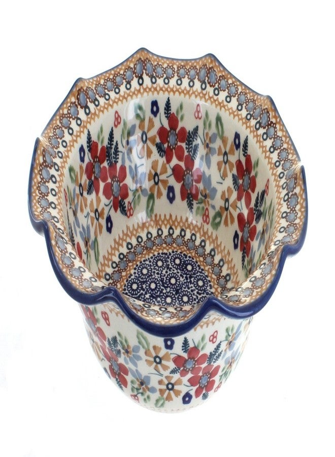 Blue Rose Pottery Blue Rose Polish Pottery - Red Daisy Small Scallop Serving Dish - 8" Diameter - Beautiful Serving Bowl for Special Occasions, Dinner Parties, Or Everyday Dining - Image 1