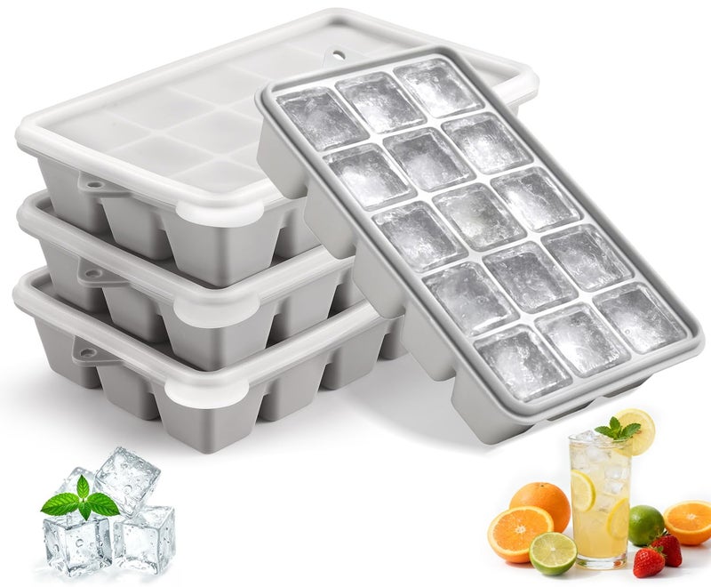 PET Hous Silicone Ice Cube Trays with Lid, Set of 4, Easy Release Ice Molds, Reusable and Stackable Ice Trays for Freezer for Cocktail, Whiskey, Baby Food, BPA Free (gray) - Image 1