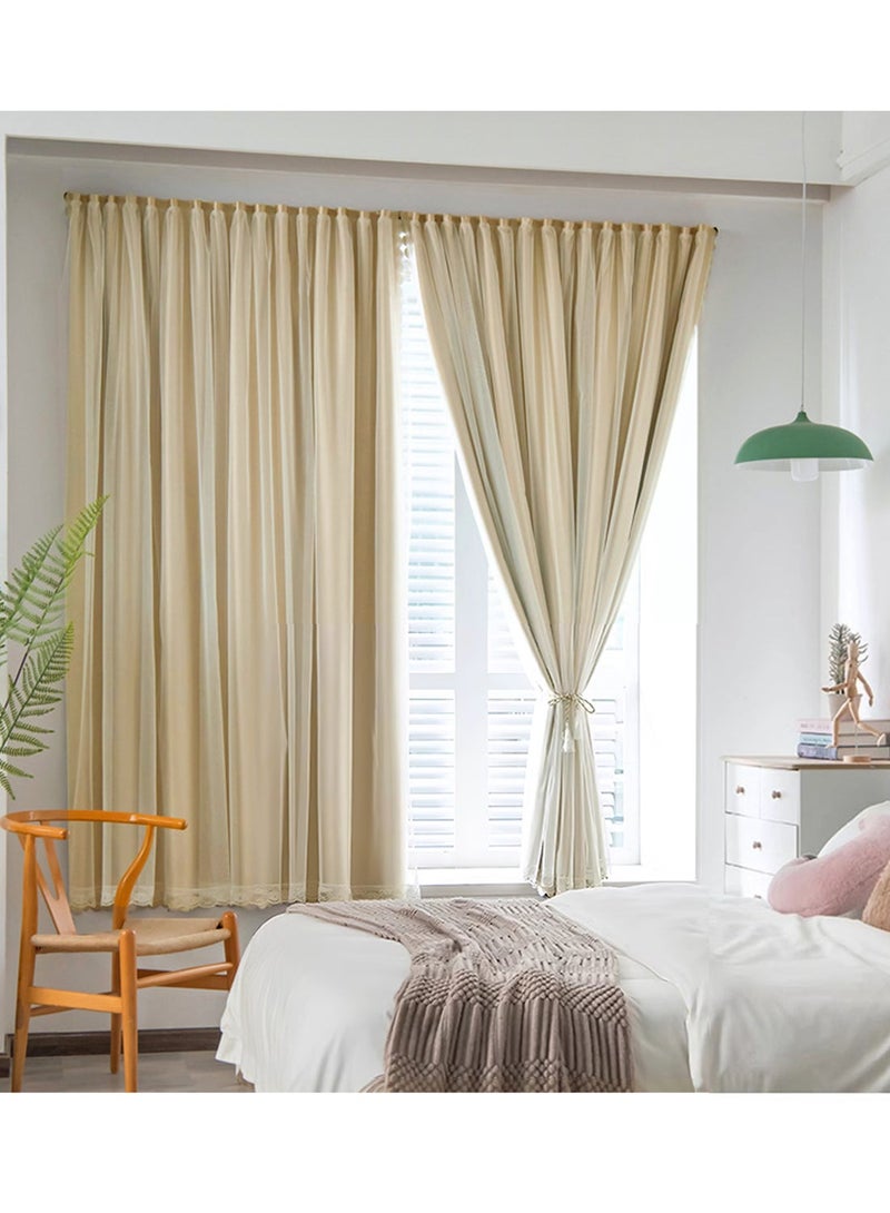 Velcro Curtains With Sheer, No Drill Curtain, 100% Blackout, 1 Panel, Fits Windows 75-100 cm Wide (Beige W150 × H200 cm) - Image 1