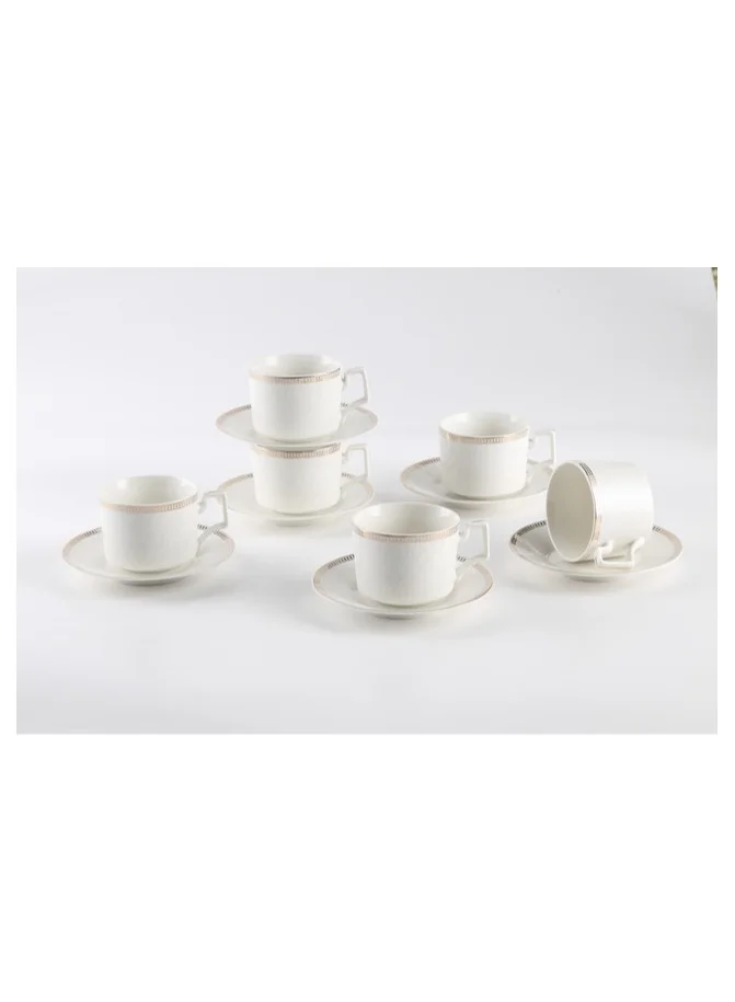 Shallow Shallow New Bone China Lara Tea Cup & Saucer Set, 220ml (White, 6 Cups, 6 Saucer)
