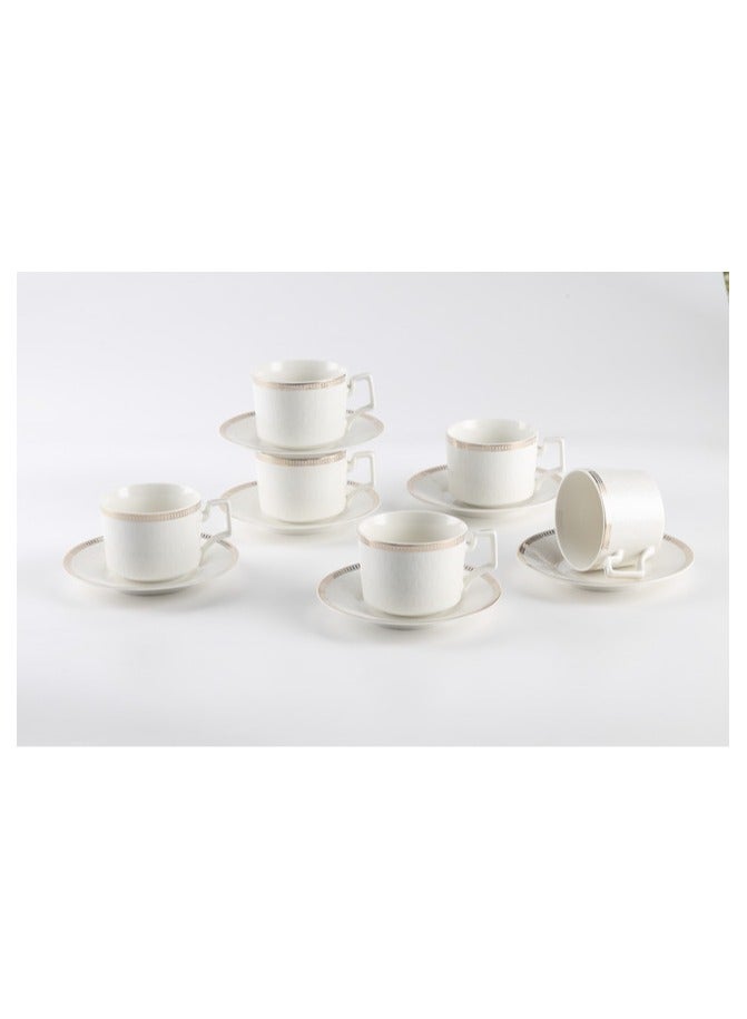 Shallow New Bone China Lara Tea Cup & Saucer Set, 220ml (White, 6 Cups, 6 Saucer) - Image 1