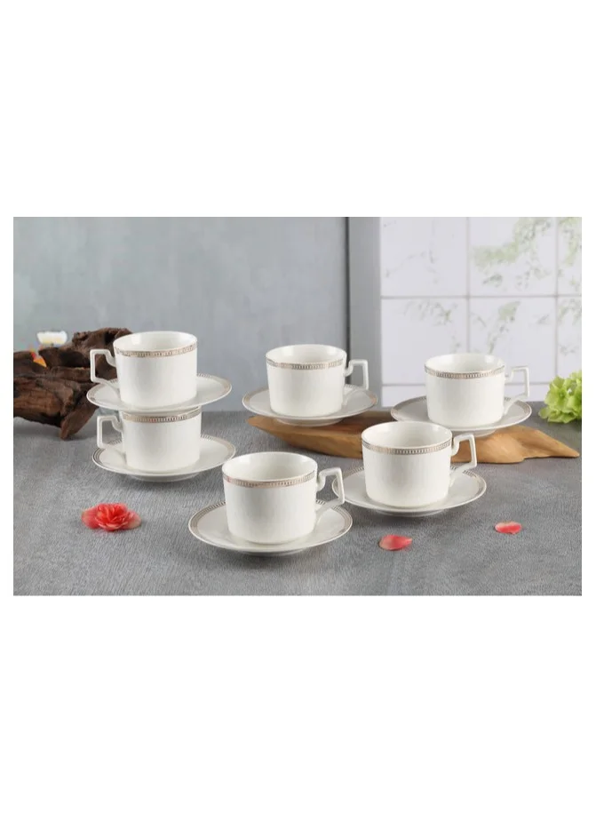Shallow Shallow New Bone China Lara Tea Cup & Saucer Set, 220ml (White, 6 Cups, 6 Saucer)