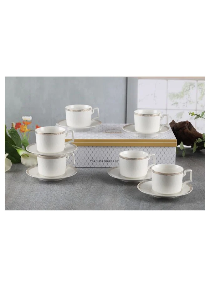 Shallow Shallow New Bone China Lara Tea Cup & Saucer Set, 220ml (White, 6 Cups, 6 Saucer)