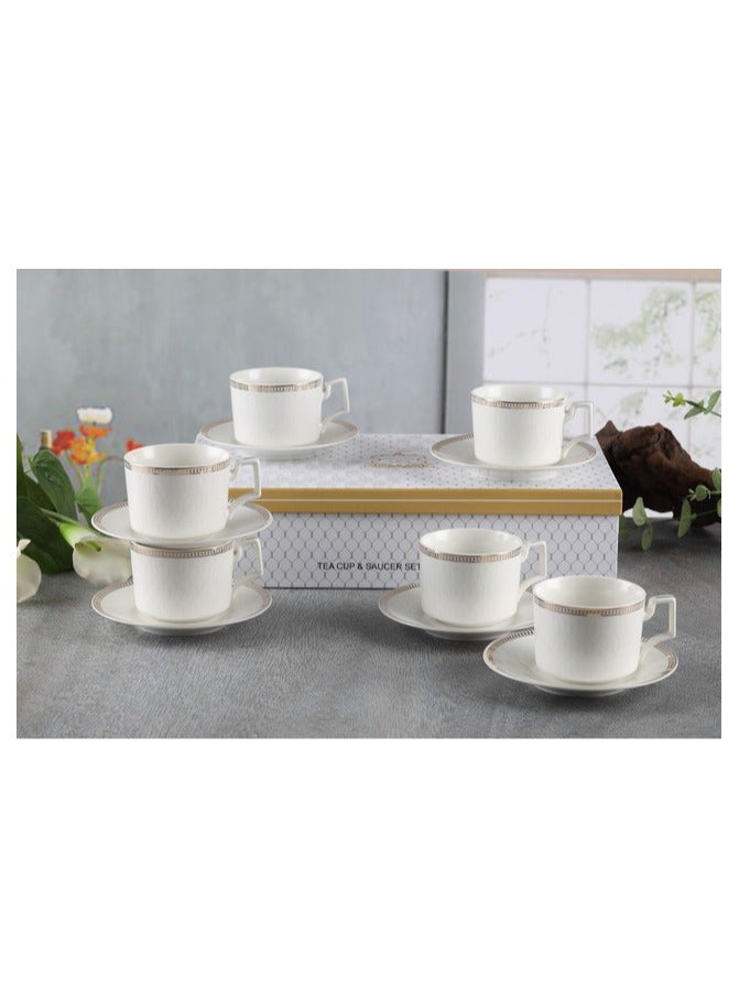 Shallow New Bone China Lara Tea Cup & Saucer Set, 220ml (White, 6 Cups, 6 Saucer) - Image 3