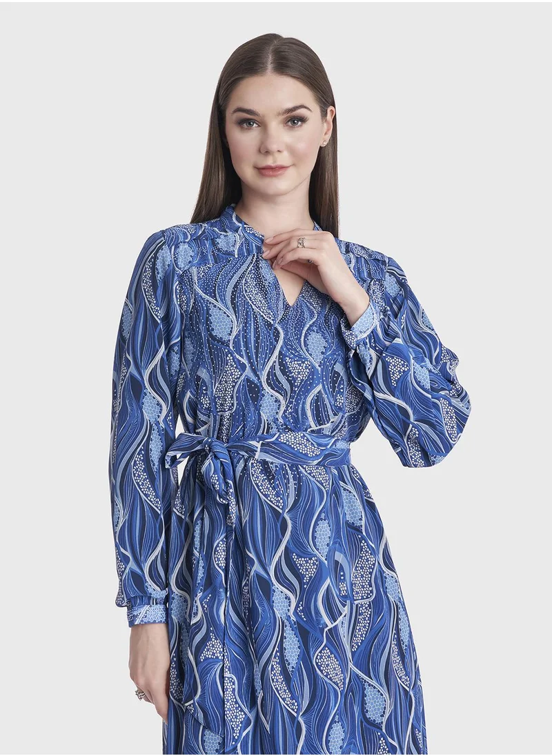 كشخة Abstract Print Stand Collar Georgette Long Dress