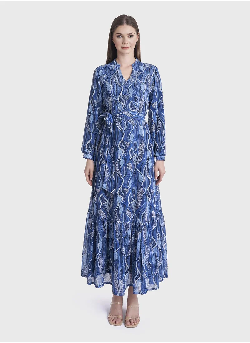 كشخة Abstract Print Stand Collar Georgette Long Dress