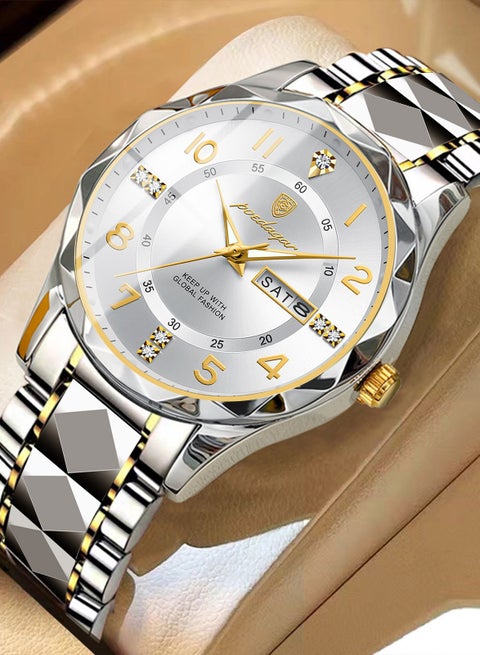 Men's Fashion Business Quartz White Dial Water Resistant  with Two-Tone Stainless Steel Band Watch