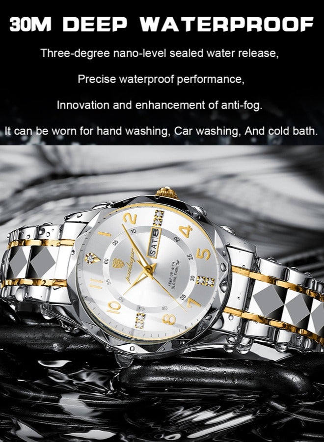 POEDAGAR Men's Fashion Business Quartz White Dial Water Resistant  with Two-Tone Stainless Steel Band Watch - Image 5