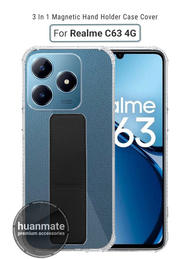 huanmate Realme C63 4G Magnetic Case With Hand Grip Holder & Kickstand - Strong Grip for Magnetic Car Holder, Stylish & Functional, Ultimate Convenience & Hands-Free Viewing - Clear/Black - Image 1