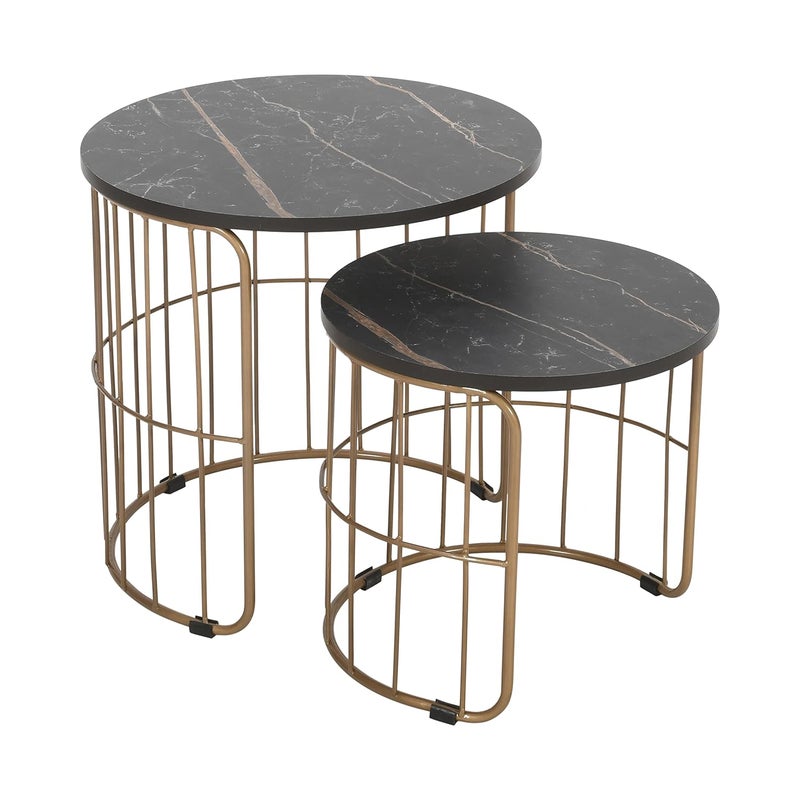 Priti - Nature Lover Golden Coffee Table Nesting Table Set of Two - center table - Tea table for living room - Golden - Black laminated marble table top - Image 2