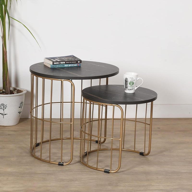 Priti - Nature Lover Golden Coffee Table Nesting Table Set of Two - center table - Tea table for living room - Golden - Black laminated marble table top - Image 1