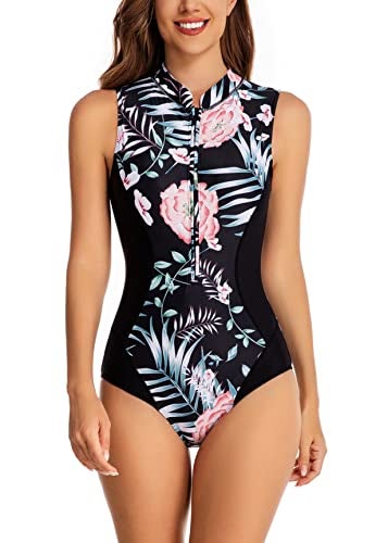 YATEEN Womens Rash Guard Zip Front Sleeveless One Piece Swimsuit - Image 1