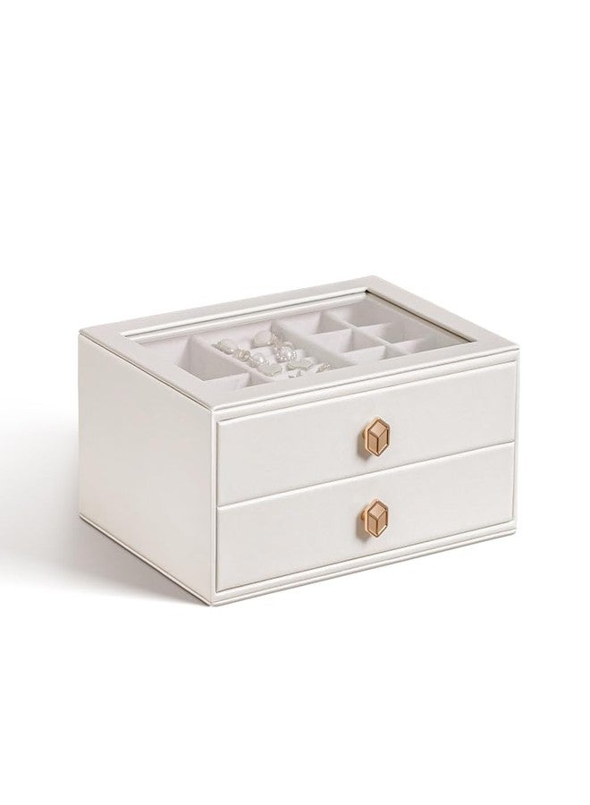 CASEGRACE Jewelry Box for Women with Glass Lid - Leather Jewelry Storage Organizer 2 Drawers for Necklaces, Rings, Earrings & Bracelets, Ideal Gift (White, 2 Layer) - Image 1