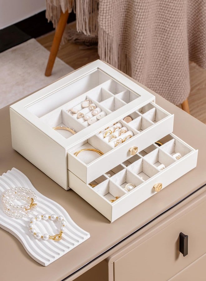 CASEGRACE Jewelry Box for Women with Glass Lid - Leather Jewelry Storage Organizer 2 Drawers for Necklaces, Rings, Earrings & Bracelets, Ideal Gift (White, 2 Layer) - Image 3