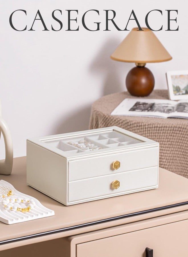 CASEGRACE Jewelry Box for Women with Glass Lid - Leather Jewelry Storage Organizer 2 Drawers for Necklaces, Rings, Earrings & Bracelets, Ideal Gift (White, 2 Layer) - Image 4