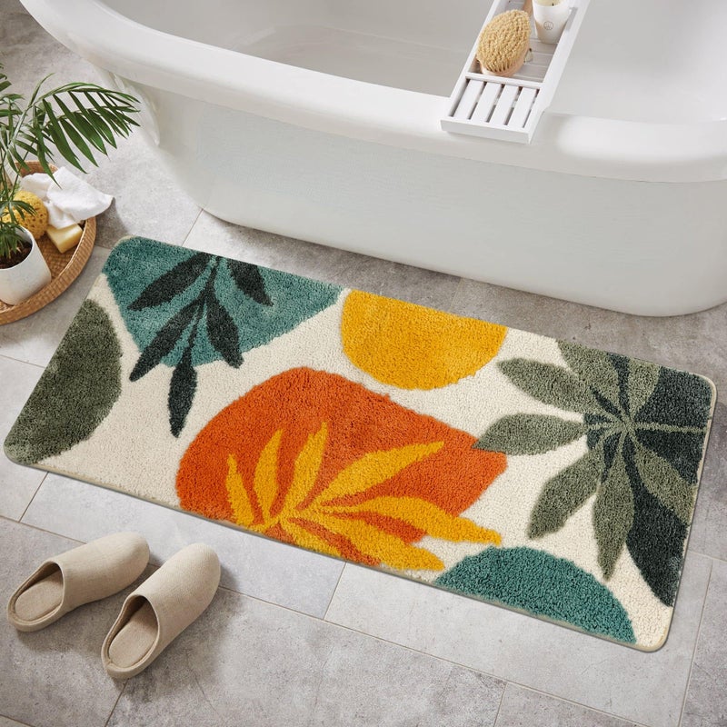Uphome Bathroom Runner Rug Colorful Abstract Leaves Long Bath Mat Non Slip Water Absorbent Boho Bath Rug Soft Microfiber Machine Washable Floor Mats for Tub Bathroom Indoor Doormat18x47