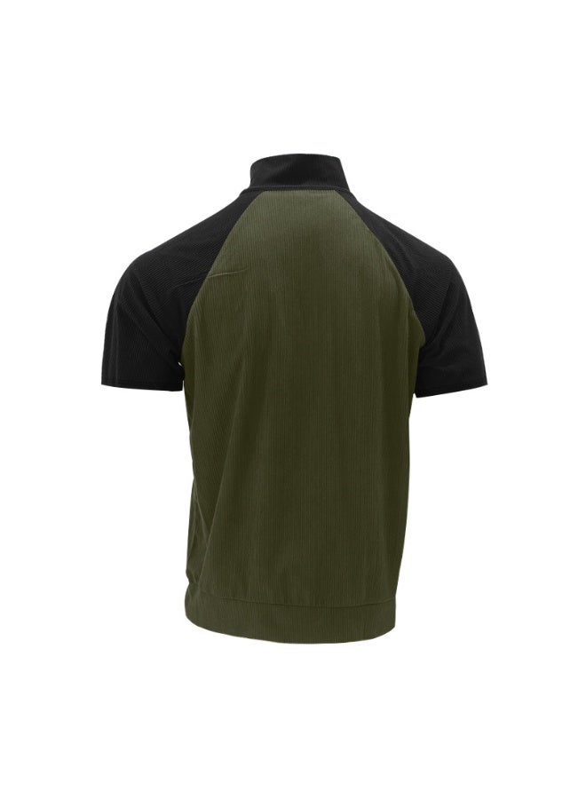 Spring/Summer  Men's Outdoor Raglan Sleeves Casual Stand up Neck Loose Corduroy Colored Short Sleeve - Image 2