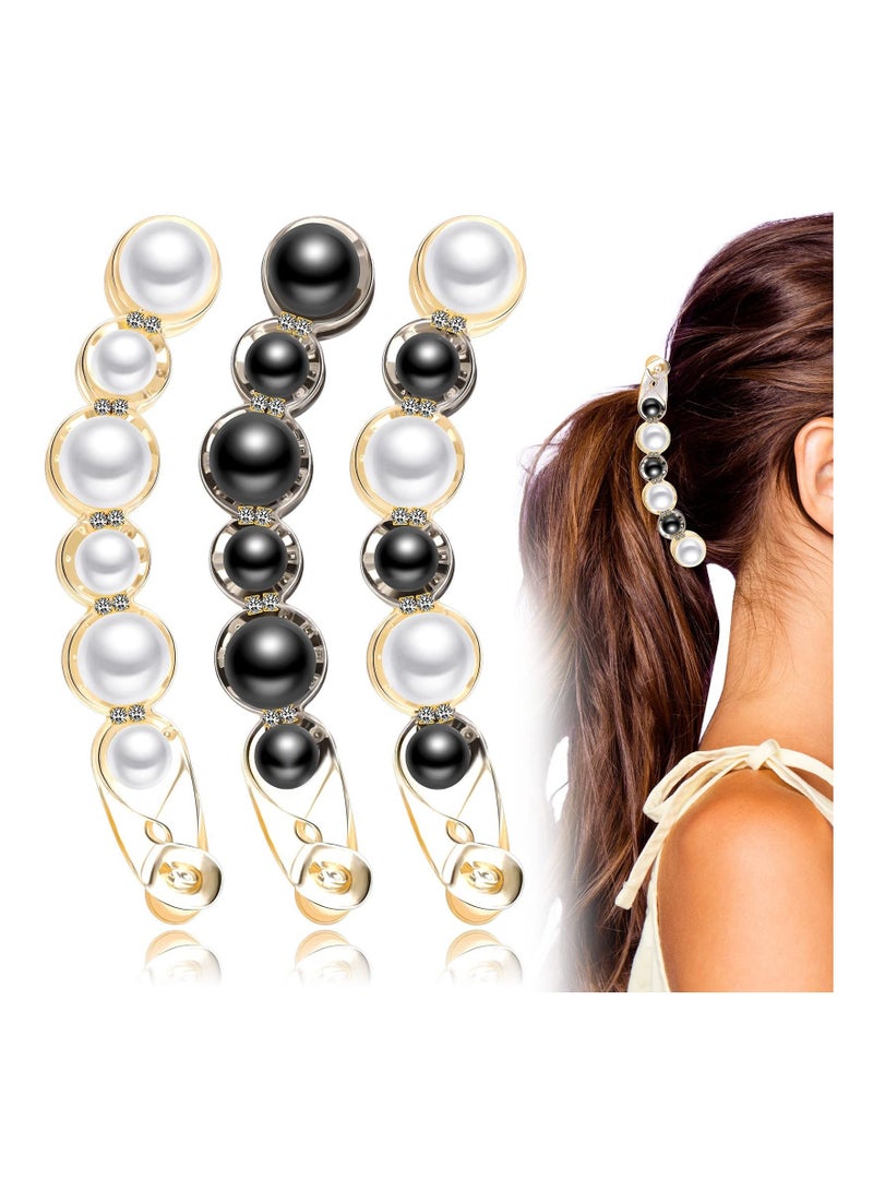 KASTWAVE 3 Pcs Pearl Banana Hair Barrettes, Acrylic Banana Hair Clips Artificial Pearl Rhinestone Banana Clips Rhinestone Banana Clips Elegant Hair Barrettes Hair Accessories for Thick Fine Hair Women Girls - Image 1