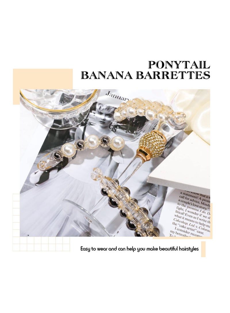 KASTWAVE 3 Pcs Pearl Banana Hair Barrettes, Acrylic Banana Hair Clips Artificial Pearl Rhinestone Banana Clips Rhinestone Banana Clips Elegant Hair Barrettes Hair Accessories for Thick Fine Hair Women Girls - Image 3