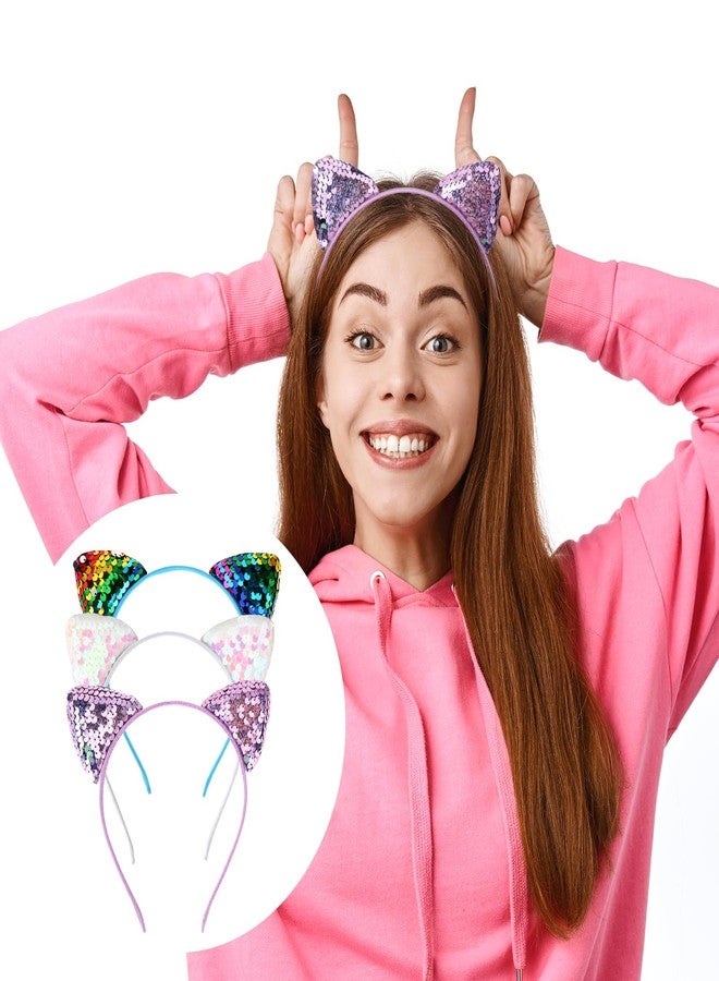 WLLHYF 3PCS Reversible Sequin Cat Ears Headband Halloween Glitter Headwear Shiny Hair Hoop Accessories for Adults Women Girls Spa Skin Care Makeup Christmas Raves Festival Party Cosplay Daily Wearing - Image 4