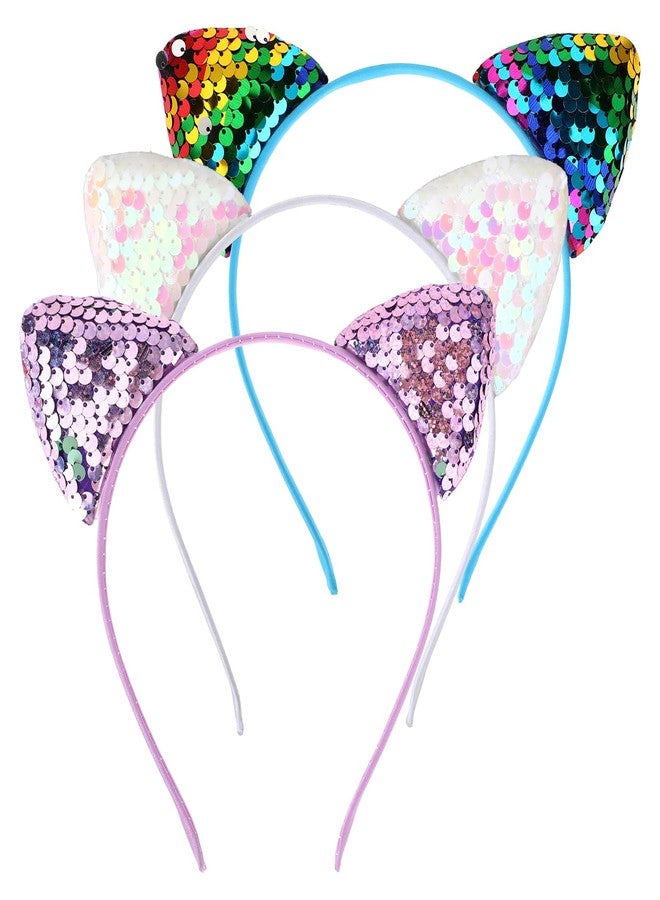 WLLHYF 3PCS Reversible Sequin Cat Ears Headband Halloween Glitter Headwear Shiny Hair Hoop Accessories for Adults Women Girls Spa Skin Care Makeup Christmas Raves Festival Party Cosplay Daily Wearing - Image 1